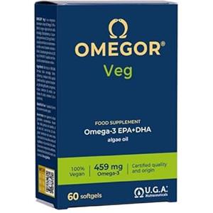 Omegor Omega 3 Vegan OMEGOR Veg - Omega3 Vegetale IFOS 5 Stelle e Vegan Society da Olio di Alghe con Vitamina E - 250mg DHA e 125mg EPA (60 Capsule)
