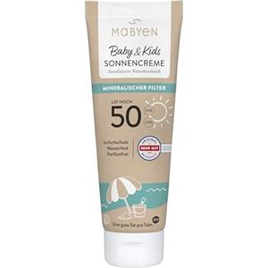 MABYEN Crema solare per bambini, protezione solare per bambini, 100 ml, protezione solare minerale SPF 50, cosmetici naturali certificati, Natrue, vegano, senza profumi, ecologica