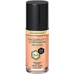 Max Factor Fondotinta Facefinity All Day Flawless - Correttore, Fondotinta liquido e primer viso 3-in-1, Formula vegan, Copertura modulabile, Tenuta fino a 30 ore, SPF20 - N77 Soft Honey, 30 ml