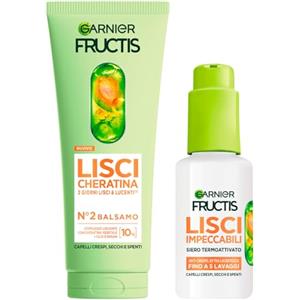Garnier Fructis Lisci Cheratina Set Balsamo 200ml Trattamento Lisciante per Capelli Secchi e Spenti + Siero Termoprotettore Lisci Impeccabili 50ml per Capelli Crespi Protegge Fino a 230°C - Set da 2