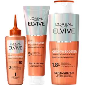 L'Oreal Paris L'Oréal Paris Kit Anticaduta Capelli Danneggiati Elvive Growth Booster con Shampoo 200ml + Balsamo 150ml + Siero 102ml Stimola la Crescita e Riduce la Caduta da Rottura con Niacinamide - Set da 3