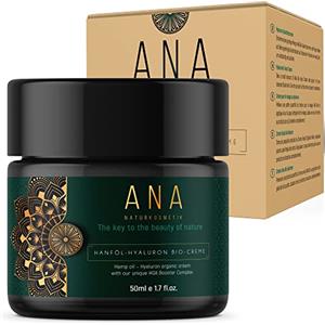 ANA Naturkosmetik Acido ialuronico biologico, crema idratante antietà, 50 ml, acido ialuronico ad alto dosaggio, viso, collo, antirughe, giorno e notte con olio di aloe vera e canapa, prodotto in Germania