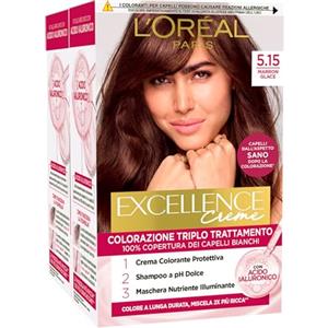 L'Oreal Paris L'Oréal Paris Tinta Permanente Excellence Creme 5.15 Marron Glace Colorazione Triplo Trattamento Copre 100% dei Capelli Bianchi Lunga Durata con Acido Ialuronico - 2 Tinte