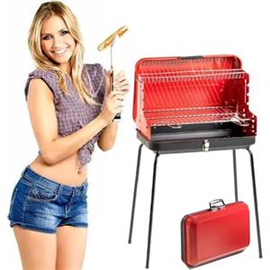 Bakaji Barbecue a Carbone Carbonella Richiudibile in Valigetta Altezza Griglia di Cottura in Acciaio e Regolabile Dimensioni 50x36x81cm Campeggio picnic (rosso)