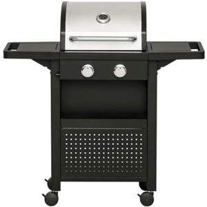 BAKAJI Barbecue a Gas Professionale Acciaio Inox 2 Fuochi Bruciatori Con Termometro e Manopole di Controllo Ripiani Laterali Richiudibili Cestello Portacondimenti Frontale Con 4 Ruote Bloccabili