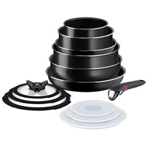 Lagostina Ingenio Easy Start Set 13 Pezzi, Set di Pentole in Alluminio per Gas e Forno, 2 Casseruole, 2 Padelle, un Tegame, un Wok, 3 Coperchi Vetro, 3 Coperchi Plastica, un Manico Removibile