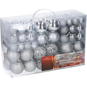 Deuba Regali di Natale Set di 100 palline di Natale - Decorazione - Infrangibile - Per interni ed esterni - Plastica - Ø3/4/6 cm - Opache, lucide, glitterate e aperte - Argento