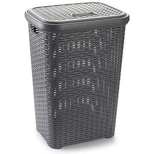 Virsus Cesto Portabiancheria in Plastica effetto Rattan 7501, 45x34x62 cm, cesta rettangolare con coperchio, struttura intrecciata per biancheria sporca in bagno, lavanderia, Hotel (Grigio Scuro)