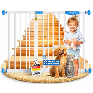 KIDIZ® Cancelletto di Sicurezza per porte, Cancelletto per Bambini, con Porta per Cani e Gatti, senza foratura, espandibile, combinabile con i mandrini a Y, girevole, 102-115 cm - Bianco/Blu