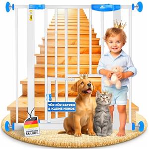 KIDIZ® Cancelletto di Sicurezza per porte, Cancelletto per Bambini, con Porta per Cani e Gatti, senza foratura, espandibile, combinabile con i mandrini a Y, girevole, 74-87 cm - Bianco/Blu
