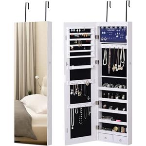 HOMCOM Specchio Portagioie con 6 Luci LED e Spazi Portaoggetti Dedicati, Armadio Portagioie con Specchio in Legno e Vetro, 37x10x120 cm, color Legno Bianco