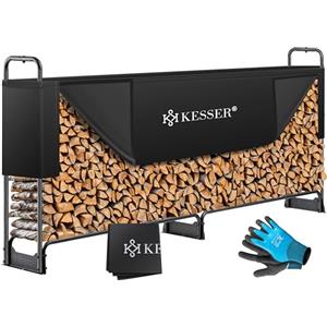 KESSER Scaffale per legna da ardere, in acciaio, 260 x 36 x 117 cm, supporto per 300 kg, impermeabile, copertura e guanti, supporto impilabile in legno
