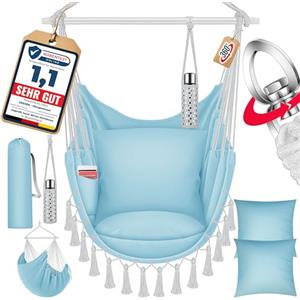 KESSER® Poltrona sospesa Safari XXL per adulti e bambini, amaca fino a 150 kg, per interni ed esterni, con custodia per il trasporto, 2 cuscini, portabibite e scomparto per libri, blu chiaro