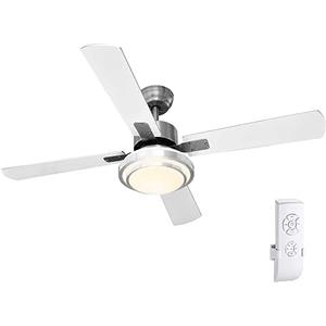 BAKAJI Ventilatore a Soffitto 4 Pale Diametro 130cm In Legno e Metallo Dotato Di Velocità Regolabile Con Lampada Lampadario Plafoniera In Vetro a LED Potenza 20W Accensione Telecomando (Bianco)