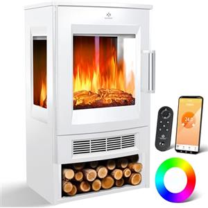 KESSER Camino elettrico con riscaldamento, finestra panoramica, termoventilatore, 9 modalità di colore, telecomando WiFi, 900/1800 W, camino elettrico con termostato, funzione di riscaldamento, timer
