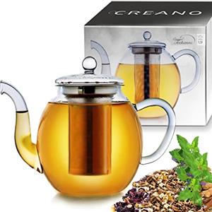 Creano Teiera in Vetro 1,5 Litro con Filtro Acciaio Inossidabile Integrato e Copercio Vetro - Antigoccia Elegante Teiera Trasparente per Tè Sfusi Infusi Regalo Perfetto - 3 pezzi