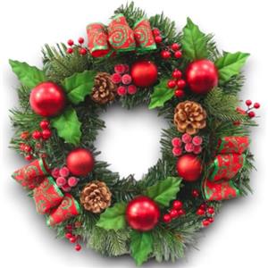 Generico Ghirlanda Natalizia Addobbata Completa da 30 cm con 45 Punte - Corona di Natale con Palline Rosse, Bacche, Pigne e Fiocchi - Dietroporta aghi di pino, Pareti e Decorazioni Natalizie Fuoriporta