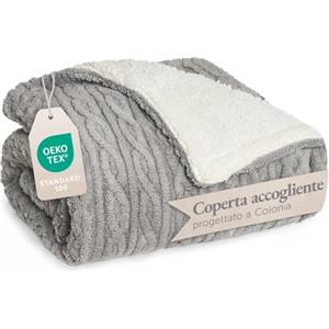 Blumtal coperta pile plaid 130x150 cm con disegno a treccia - coperta divano invernale con certificato OEKO-TEX - coperta pile in microfibra - morbida coperta sherpa sul rovescio - pleid grigio/bianco