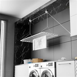 Erica Eric Stendibiancheria da soffitto 100x50cm, 8m di superficie asciugante, 2.5m Mini Stendino da soffitto pieghevole, Metallo con rivestimento in plastica senza PVC, Stendino bianco