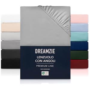 Dreamzie Lenzuolo con Angoli Matrimoniale 180x200 cm - Altezza Materasso fino a 33 cm- 100% Microfibra - Grigio - Certificato Oeko TEX, Lenzuola Letto con Angoli ed Elastico