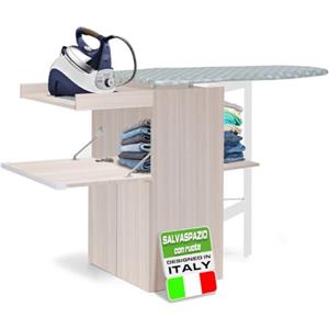 Shally Dogan Mobile Asse da Stiro a Scomparsa Salvaspazio Richiudibile, Mobiletto Pieghevole Telaio in Legno per Stiratura Veloce, 4 Ruote per Spostamento, Ideale Lavanderia, Bagno (Tortora)