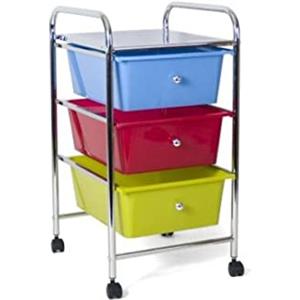 BAKAJI Carrello Estetista in Acciaio Cromato Cassettiera 3 Cassetti Estraibili Colorati con 4 Ruote + Ripiano Superiore Carrello Trolley con Cassetti