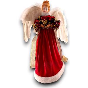 Generico Puntale Angelo Natalizio Decorativo Abito Rosso e Dettagli Oro - Statuina Angelo Gloria in tessuto Decorazioni Natalizie - Statua per Albero di Natale, Tavolo e Camino (40 Cm, Ali Bianche)