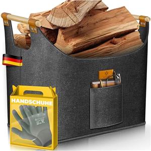 KESSER® Cestino per legna da ardere, 90 litri, in feltro extra spesso, pieghevole, con manici in legno rinforzati, per legno, giornali o legna da ardere, inclusi guanti da lavoro