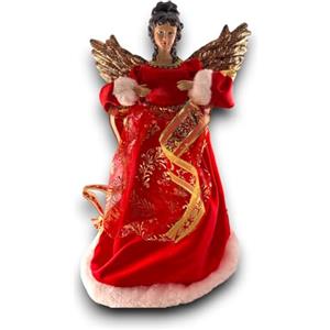Generico Puntale Angelo Natalizio Decorativo Abito Rosso e Dettagli Oro - Statuina Angelo Gloria in tessuto Decorazioni Natalizie - Statua per Albero di Natale, Tavolo e Camino (40 Cm, Ali Oro)