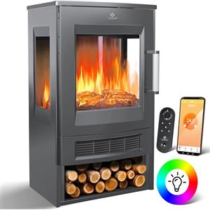 KESSER Camino elettrico con riscaldamento, finestra panoramica, termoventilatore, 9 modalità di colore, telecomando WiFi, 900/1800 W, camino elettrico con termostato, funzione di riscaldamento, timer