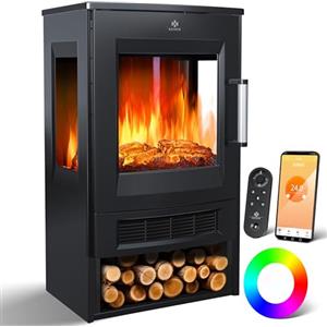 KESSER® Camino elettrico riscaldamento, finestra panoramica, ventilatore riscaldato, effetto fiamma LED 9 modalità colore, telecomando, WiFi 900/1800 W termostato (nero)