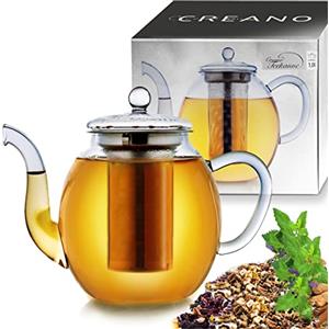 Creano Teiera in Vetro 1,0 Litro con Filtro Acciaio Inossidabile Integrato e Copercio Vetro - Antigoccia Elegante Teiera Trasparente per Tè Infusi Regalo Perfetto - 3 pezzi
