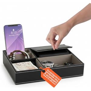 Avilia - Svuotatasche in Similpelle Nera con 5 Scomparti, Organizer da Tavolo Multifunzionale per Camera, Ingresso e Ufficio, Vassoio Portaoggetti Elegante Design Moderno e Interno in Camoscio