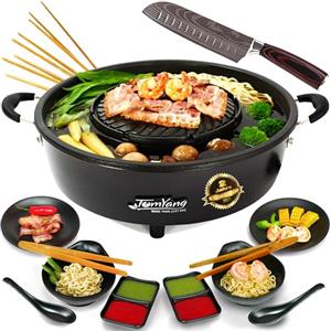 TomYang Hot Pot Premium - con Accessori Premium e Coltello Santoku. L'Originale Thai Grill e Hot Pot, Rivestimento Antiaderente Svizzero. Korean BBQ Grill, Hotpot, Pentola Mookata