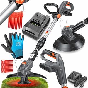 MASKO® Tagliaerba a batteria con batteria Li da 20 V, batteria da 2,0 Ah e caricabatterie - tagliabordi - decespugliatore con circonferenza di taglio di 26 cm, angolo di taglio di 180Ḟ, Grigio