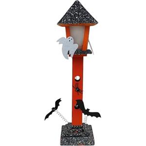 Generico KORAT Lampione di Halloween in Legno con Luci LED Decorazione da Interno 50x12,5x12,5 cm Design Artigianale con Fantasma, Pipistrelli e Ragno con Glitter Decorazione Luminosa per Casa, Vetrine e Feste