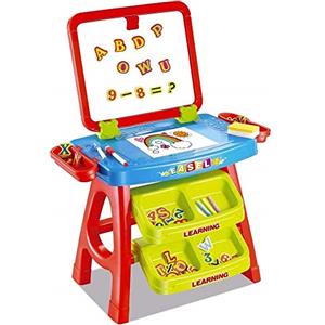 BAKAJI Lavagna Magnetica per Bambini 2 in 1 Doppia Area di Disegno con Cavalletto e Scomparti Completo di Accessori Numeri e Lettere Dimensioni 43 x 39,5 x 74 cm (Azzurro)