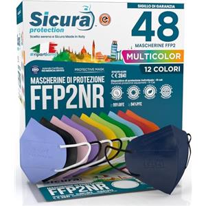 SICURA MASCHERINE CHIRURGICHE 48 Mascherine FFP2 certificate CE colorate Made in Italy BFE ≥99% Mix 12 Colori Blu, Arancioni, Rosse, Nere, Azzurre, Verdi, Verdi Mela, Gialle, Tortora, Viola, Rosa, Lavanda