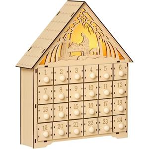 HOMCOM Calendario dell'Avvento in Legno con 24 Cassetti, Decorazione Natalizia con Presepe Intagliato e Luci, 26.6x6x30cm