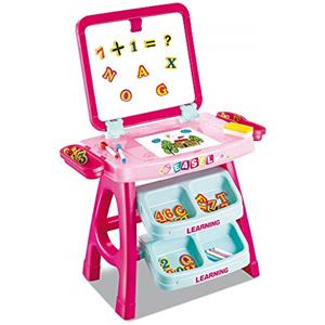 BAKAJI Lavagna Magnetica Per Bambini 2 in 1 Doppia Area di Disegno Con Cavalletto e Scomparti Completo Di Accessori Numeri e Lettere Dimensioni 43 x 39,5 x 74 cm (Rosa)