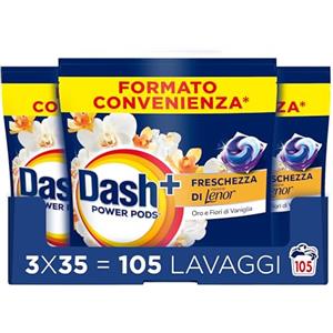 Dash Power Pods Detersivo Lavatrice In Capsule, 105 Lavaggi(3x35), Freschezza Di Lenor, Oro e Fiori di Vaniglia, Freschezza che dura 7 Giorni, Pulizia Impeccabile