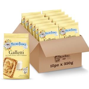 Mulino Bianco Biscotti Frollini Galletti, 12 Pack da 350 g con Latte Fresco 100% Italiano, Senza Olio di Palma, Colazione Ricca di Gusto