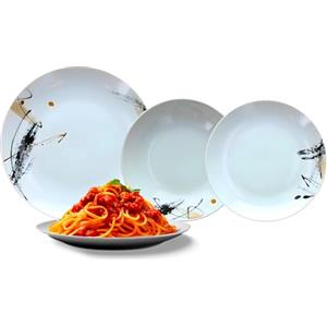Avilia Servizio di Piatti 18 Pezzi in Porcellana Bianca con Decoro Grafico Nero - Set Composto da Piatti Fondi, Piani, e da Dessert - Eleganti e Moderni Ottimi per Ogni Occasione - Facili da Lavare