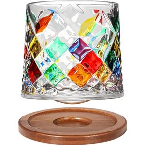 Uten Calice da Acqua Rotante, 275 ML/10 OZ Bicchiere Whisky Cristallo, Sottobicchiere in Bambù, Sensazione Spessa, Coppa da Rum Vetro Latte, Relax e Decompressione, 1 Bicchiere