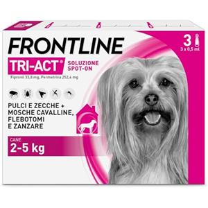 FRONTLINE Triact, 3 Pipette, Cane XS (2-5Kg), Antiparassitario per Cani e Cuccioli di Lunga Durata, Protegge il Cane da Pulci, Zecche, Zanzare, Pappataci e Leishmaniosi, Antipulci 3 Pipette