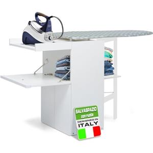 Shally Dogan Mobile Asse da Stiro a Scomparsa Salvaspazio Richiudibile, Mobiletto Pieghevole Telaio in Legno per Stiratura Veloce, 4 Ruote per Spostamento, Ideale Lavanderia, Bagno (Bianco)