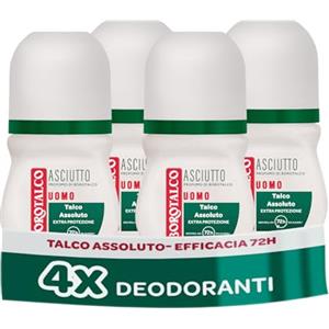 Borotalco Deodorante Uomo Roll-On Asciutto con Talco Assoluto, Senza Alcool, 72h Efficacia - 4 Pezzi da 50 ml