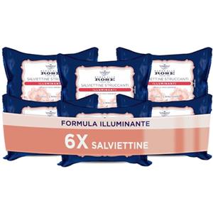 Acqua alle Rose, Salviettine Struccanti Illuminanti per Pelli Spente e Opache, con Vitamina C di Rosa Canina Energizzante, Azione Struccante su Viso, Occhi e Labbra, 6 Confezioni da 20 Salviettine