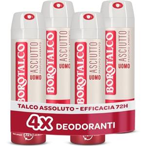 Borotalco, Deodorante Uomo Spray Asciutto Ambrato, con Talco Assoluto, Assorbe il Sudore, Senza Alcool, Profumo Ambrato, 72h efficacia - 4 Pezzi da 150 ml - Esclusiva Amazon