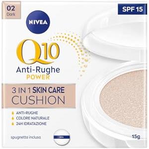 NIVEA Q10 Plus Anti-Age 3in1 Skin Care Cushion 15 ml, Crema colorata Viso Idratante e Anti-età, Crema Viso Antirughe e BB Cream FP15, Fondotinta Cushion Arricchito con Coenzima Q10, 02 Dark